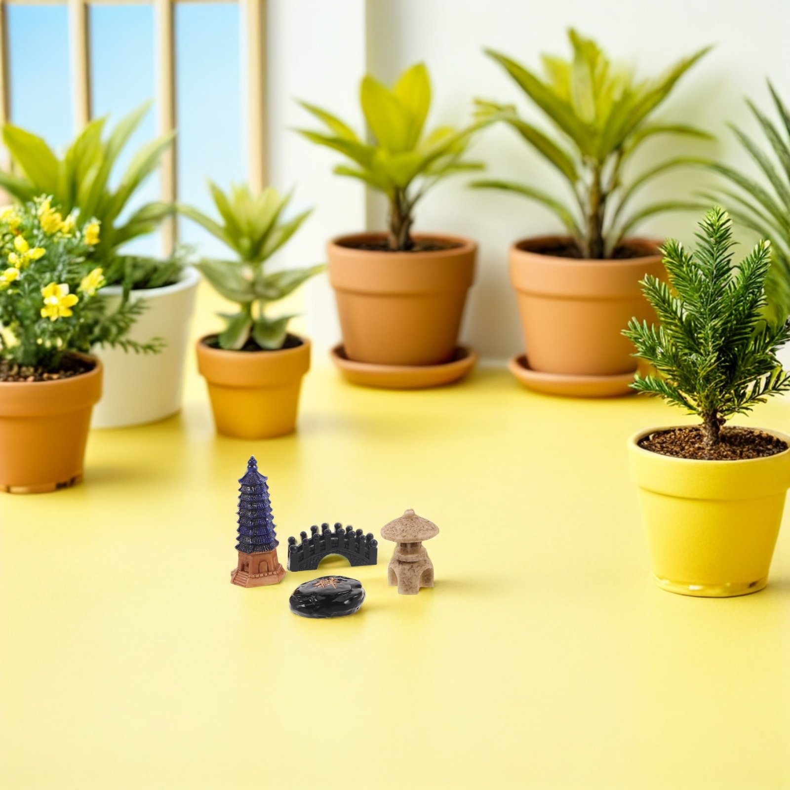 Bonsai Garden For Desk - 4-teiliges Mini Japanisches Pagoden-Statuen-Set aus Harz,