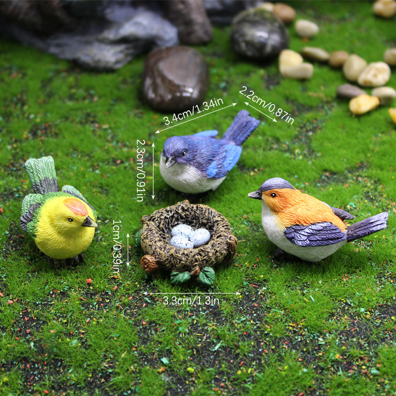 Bonsai Garden Europe - 4er-Set Mini-Vogelfiguren, Cartoon-Harz-Modell, DIY Pflanzen-Bonsai-Figuren, Feengarten-Puppenhaus-Miniatur-Deko