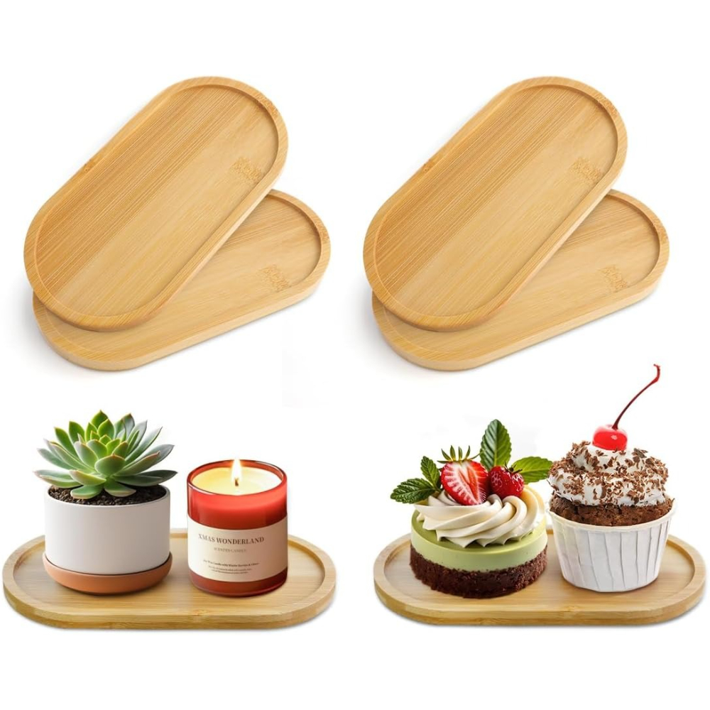 Drip Tray Saucer - 4er-Set ovale Bambus-Pflanzuntersetzer mit Drainage –